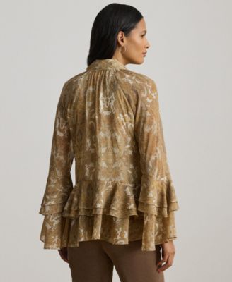 Women's Paisley Ruffle-Trim Tie-Neck Blouse