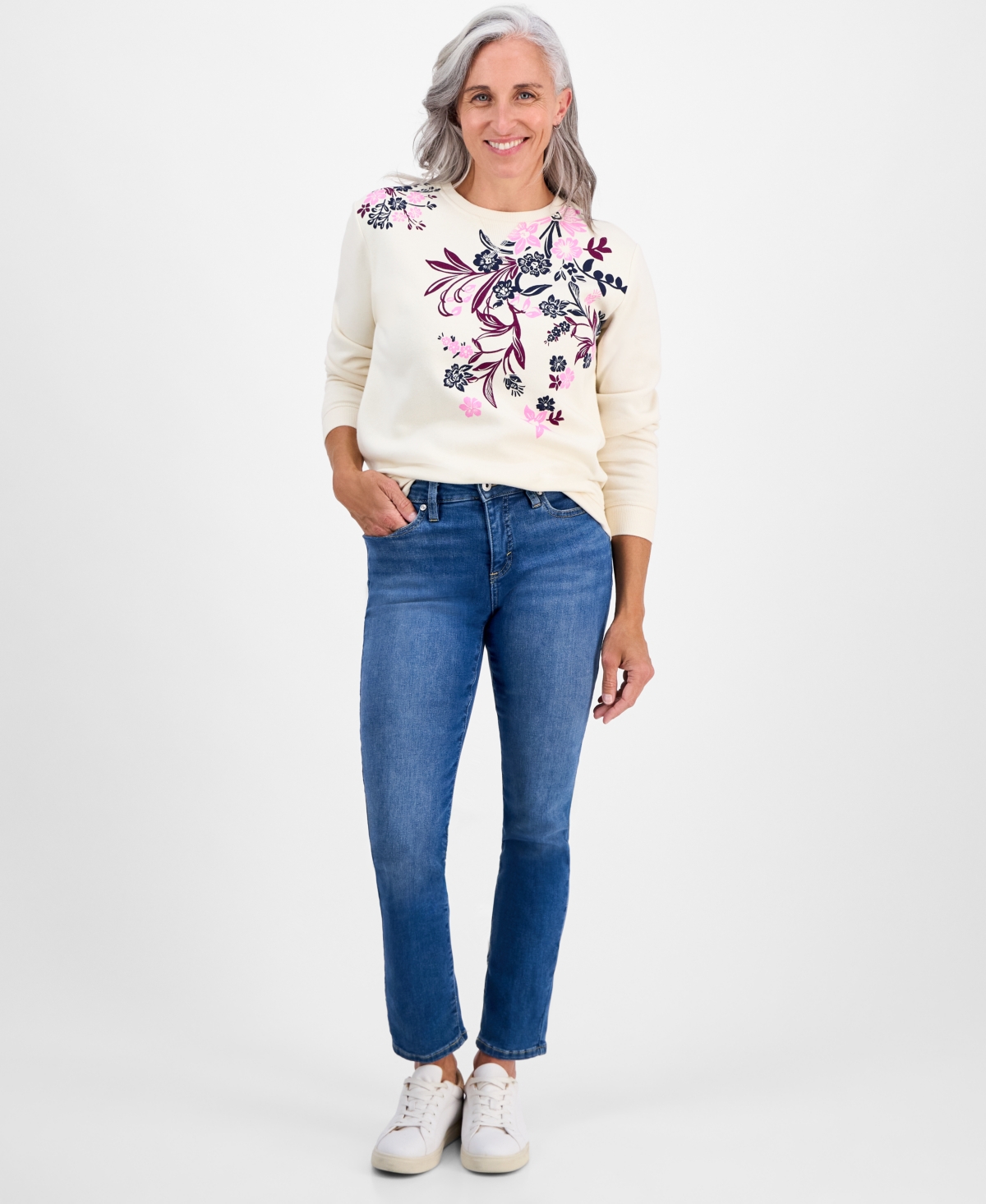Style & Co Petite Placed Print Crewneck Sweatshirt, Macy's Exclusive In White