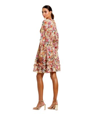 Women's V-Neck Cotton Mini Dress with Ruffles and Multicolor Floral Print
