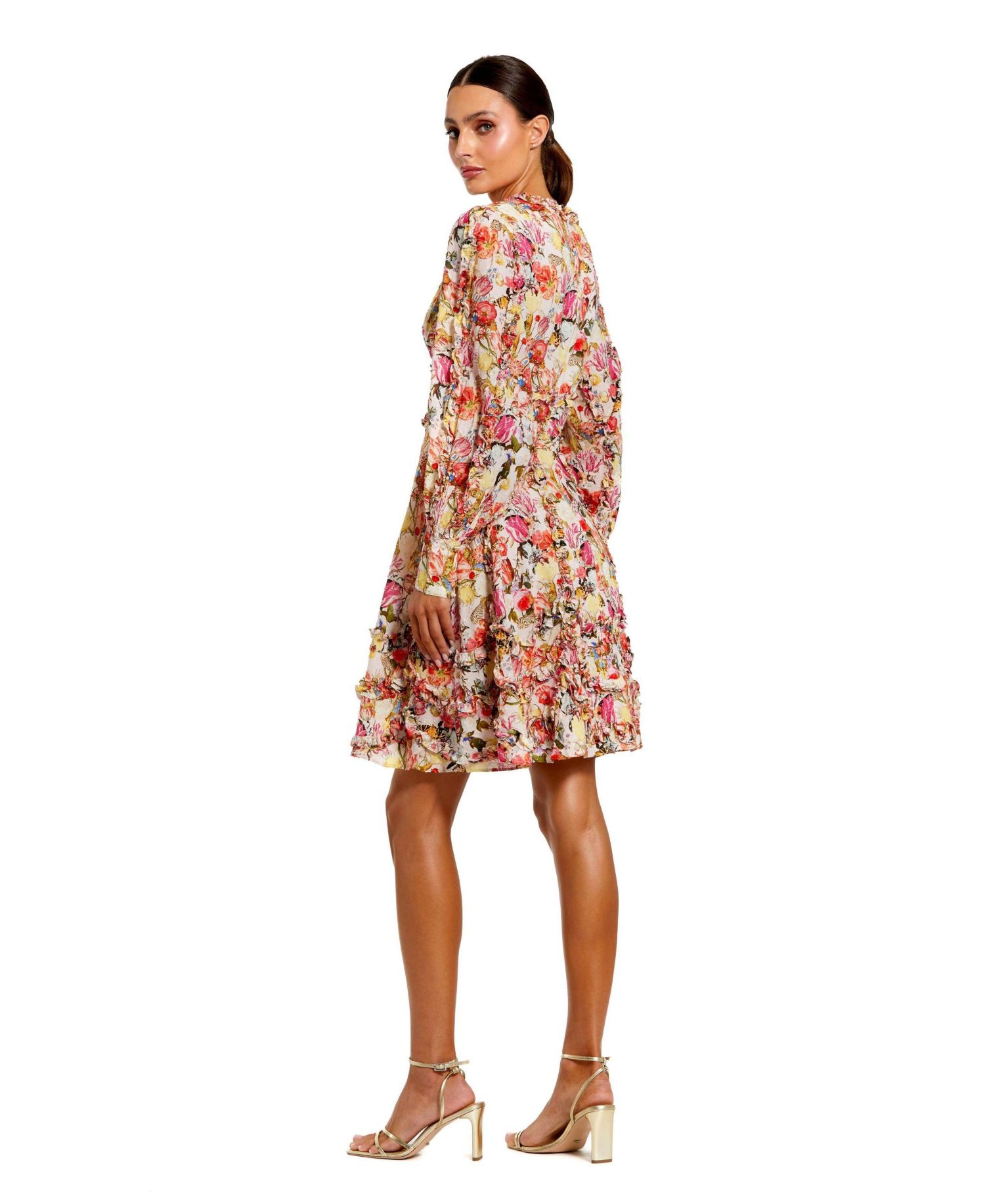 Women's V-Neck Cotton Mini Dress with Ruffles and Multicolor Floral Print