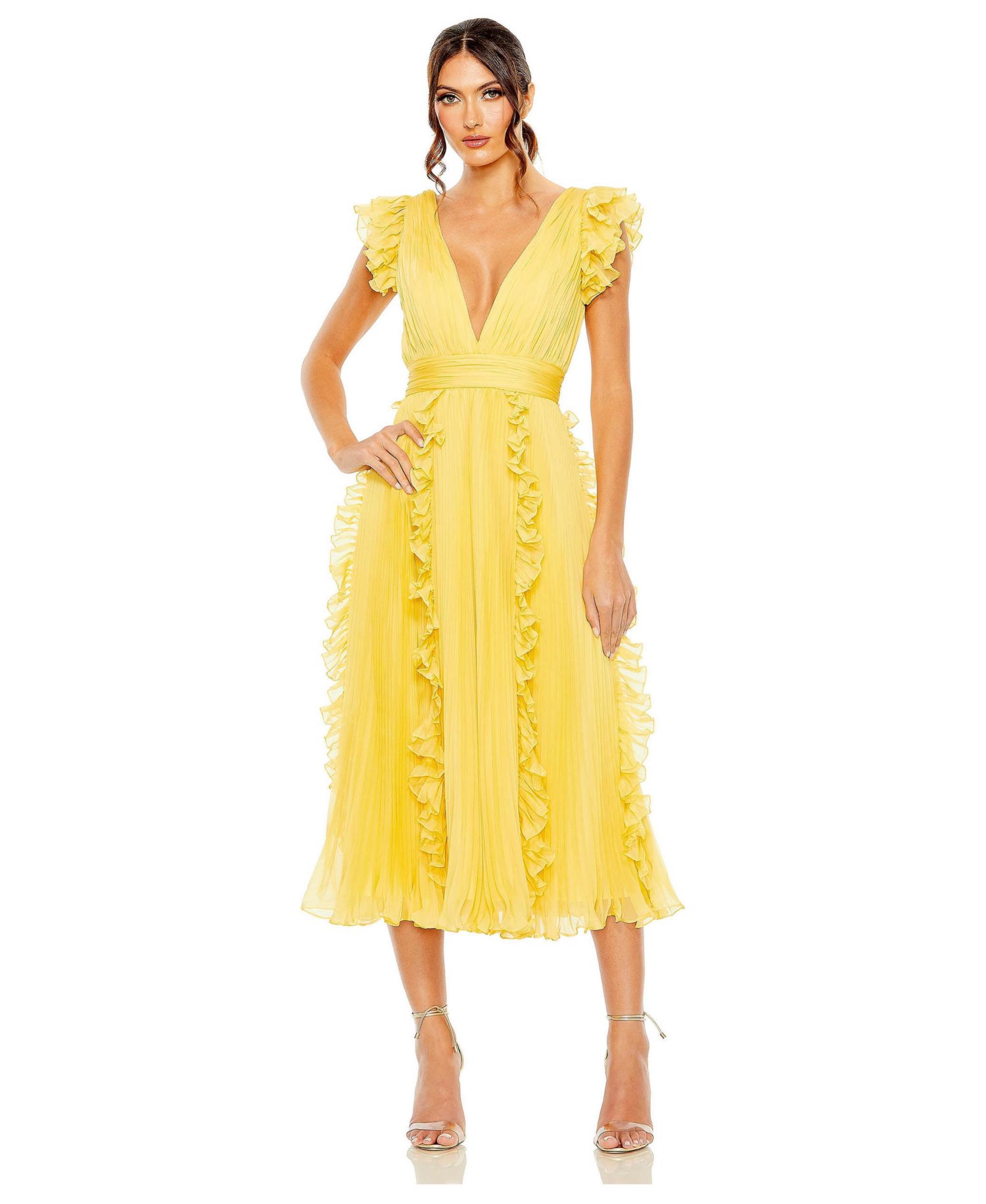 Women's Pleated Chiffon V Neck Ruffle Midi Dress