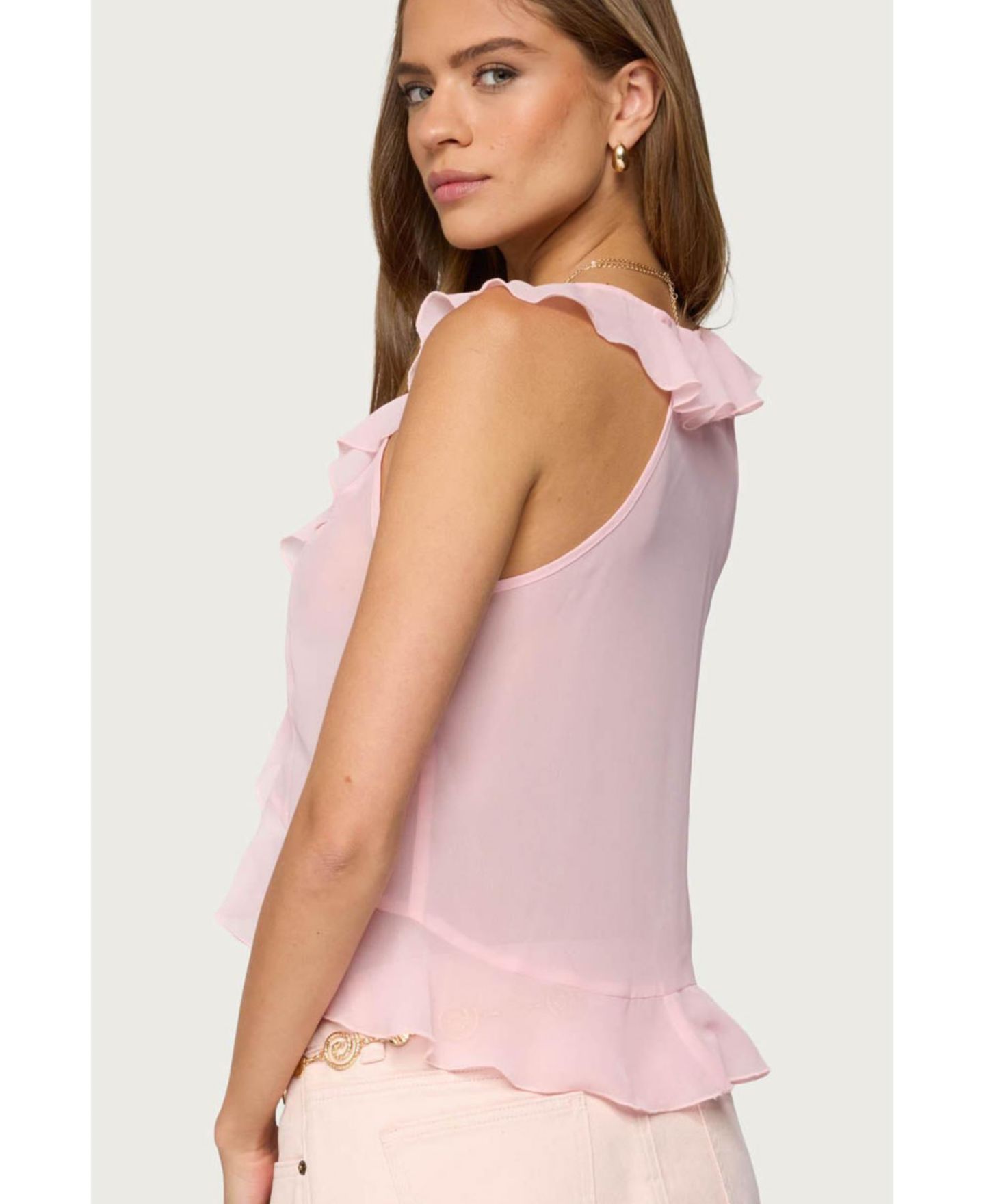 Женский топ Edikted Roxan Ruffle Chiffon Tie Front, цвет: Светлый розовый — фото 2