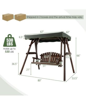 2-Person Outdoor Wooden Porch Swing with an Adjustable Canopy