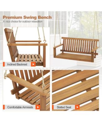 2-Seat Acacia Wood Porch Swing Bench with 2 Hanging Hemp Ropes