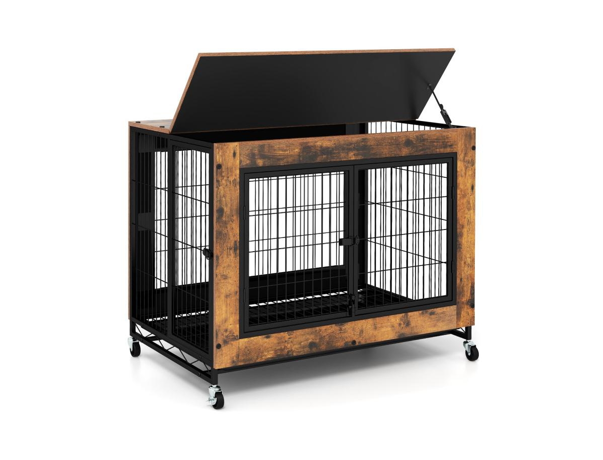 Industrial Dog Kennel with Flip-up Top 3 Lockable Doors and Removable Tray - Brown