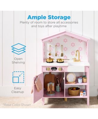 Pretend Play Wooden Farmhouse Kitchen Set w/ Storage, Clicking Knobs, 5 Accessories