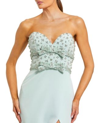 Women's Elegant Crepe Gown with Embellishments and Thigh-High Slit