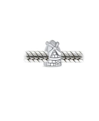 Set of 2 Holland Windmill & Love Grows Floral Heart CZ Accent Charm Bead in Oxidized Sterling Silver