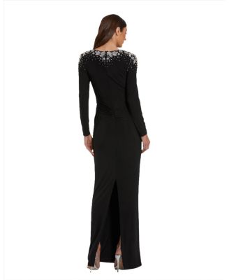 Women's Jersey V Neck Faux Knot Gown With Beaded Shoulders