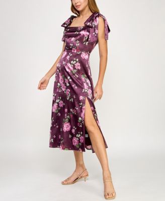 Juniors' Satin Printed Midi Dress
