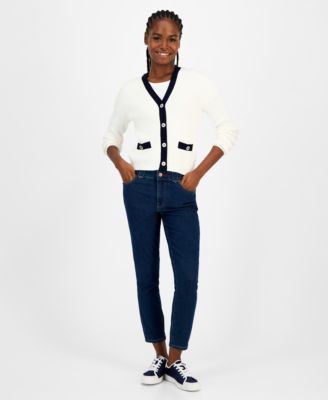 Women's Contrast Trim V-Neck Button-Front Cardigan