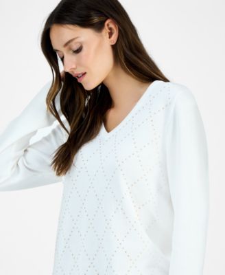 Women's Studded Argyle Cotton V-Neck Sweater
