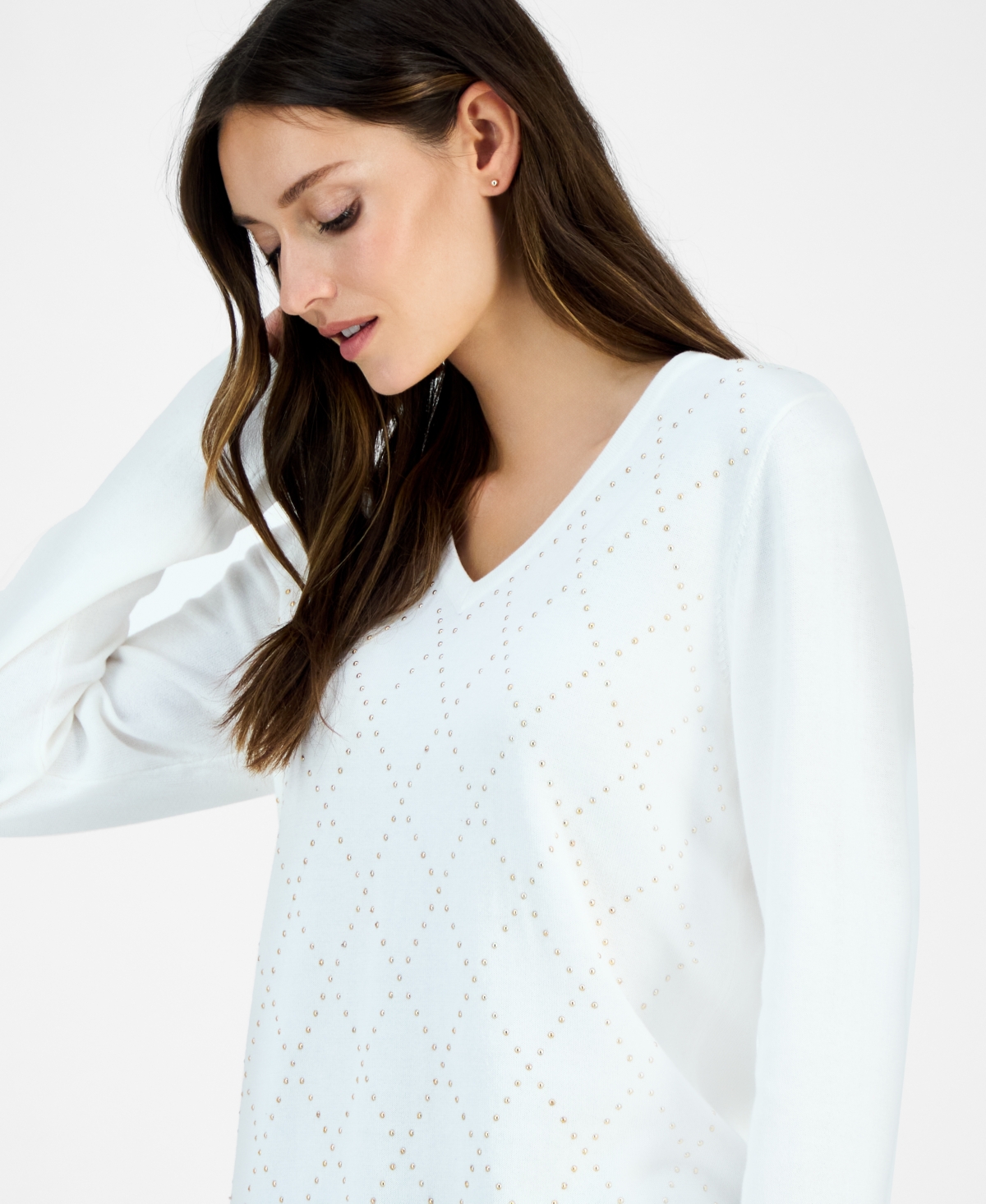 Tommy Hilfiger Women's Studded Argyle Cotton V-neck Sweater In Animal Print
