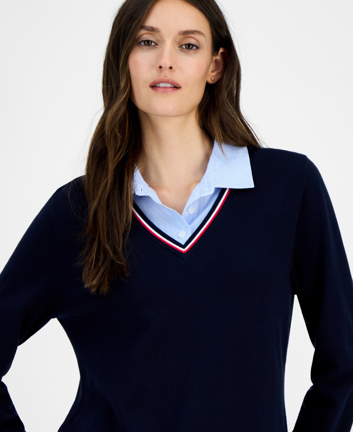 Tommy Hilfiger Women's Cotton Twofer V-neck Long-sleeve Sweater In Multi