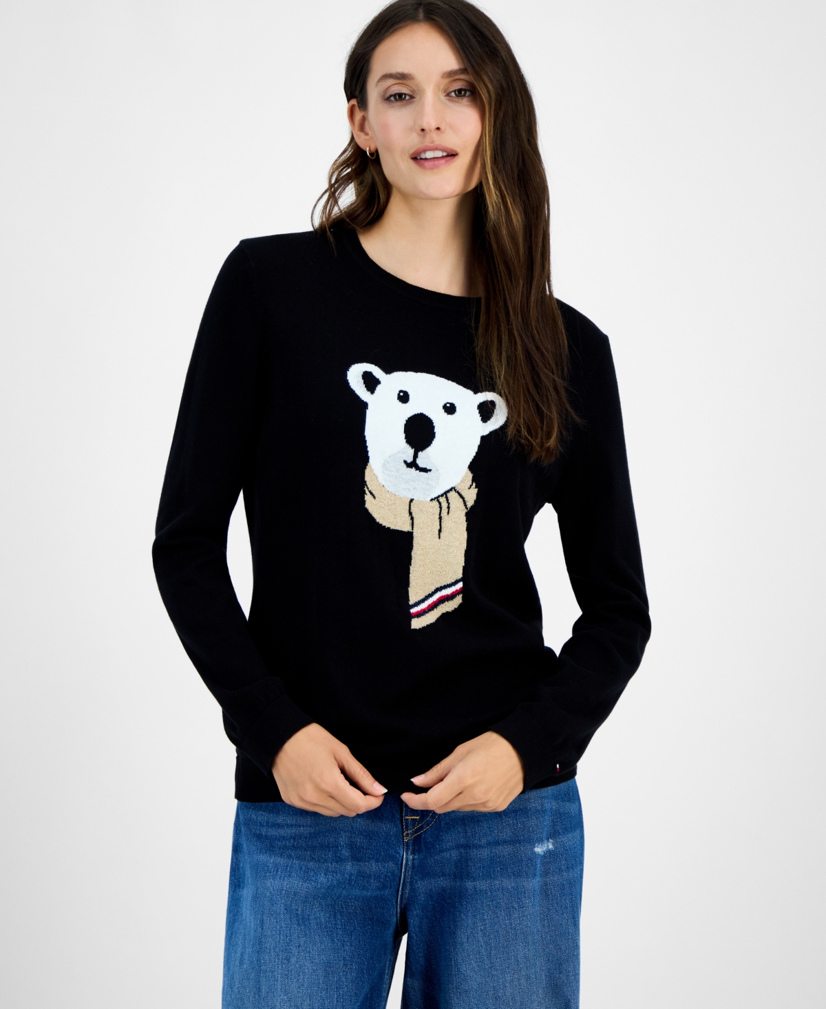 Tommy Hilfiger Women's Cotton Scarf Bear Crewneck Sweater