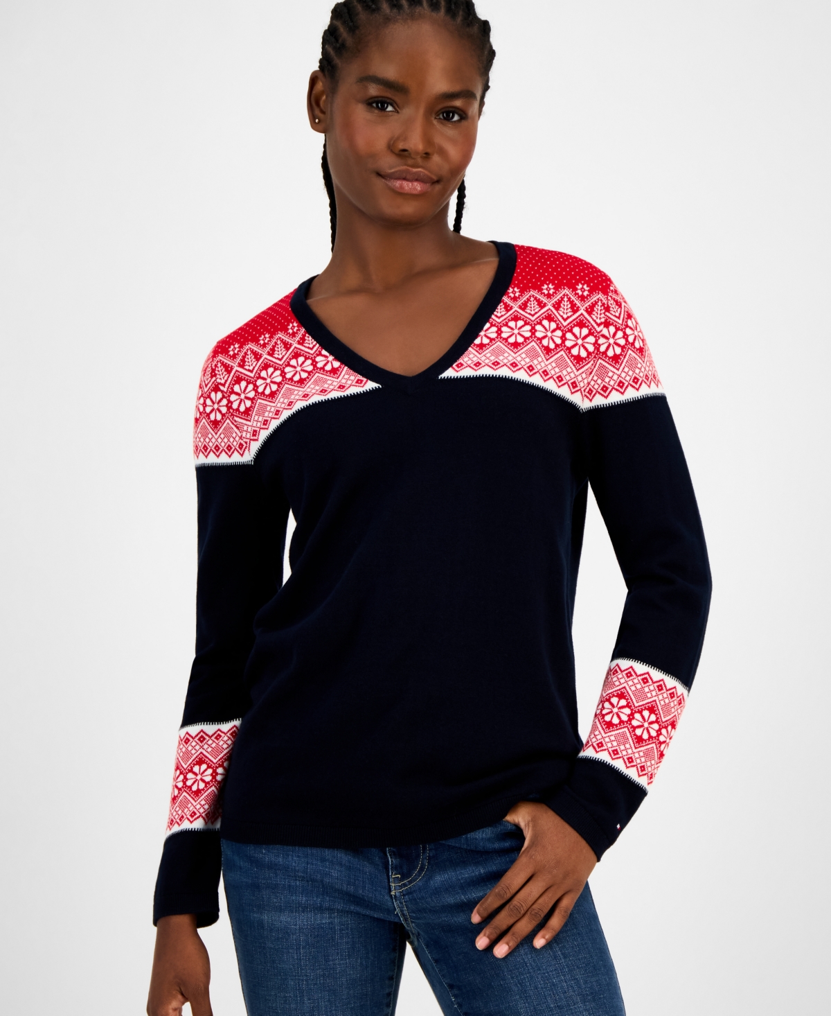 Tommy Hilfiger Women's Cotton Fair Isle V-neck Sweater In Blue