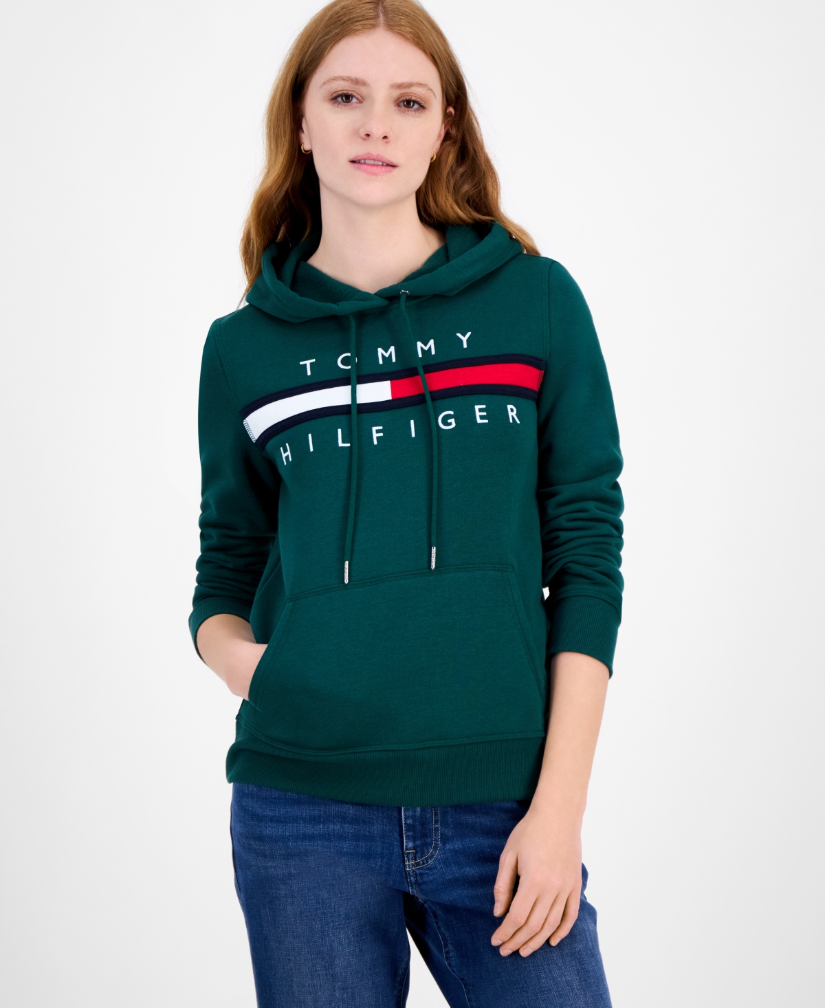 Tommy Hilfiger Women's Embroidered Logo Hooded Sweatshirt In Green