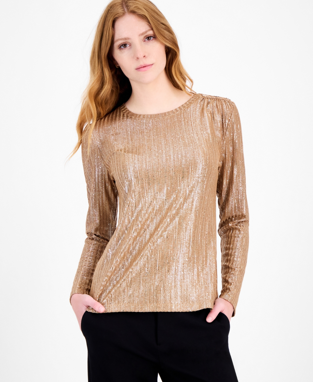 Tommy Hilfiger Women's Shine Ribbed Knit Long-Sleeve Top