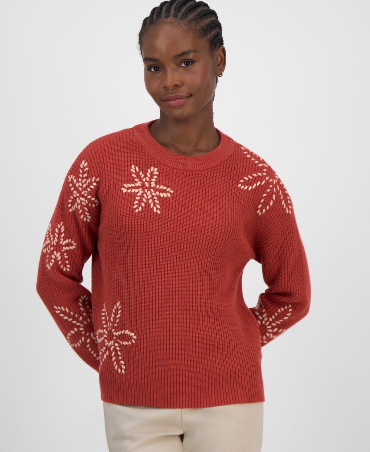 T Tahari Long Sleeve Crewneck Sweater With Floral Embroidery In Red