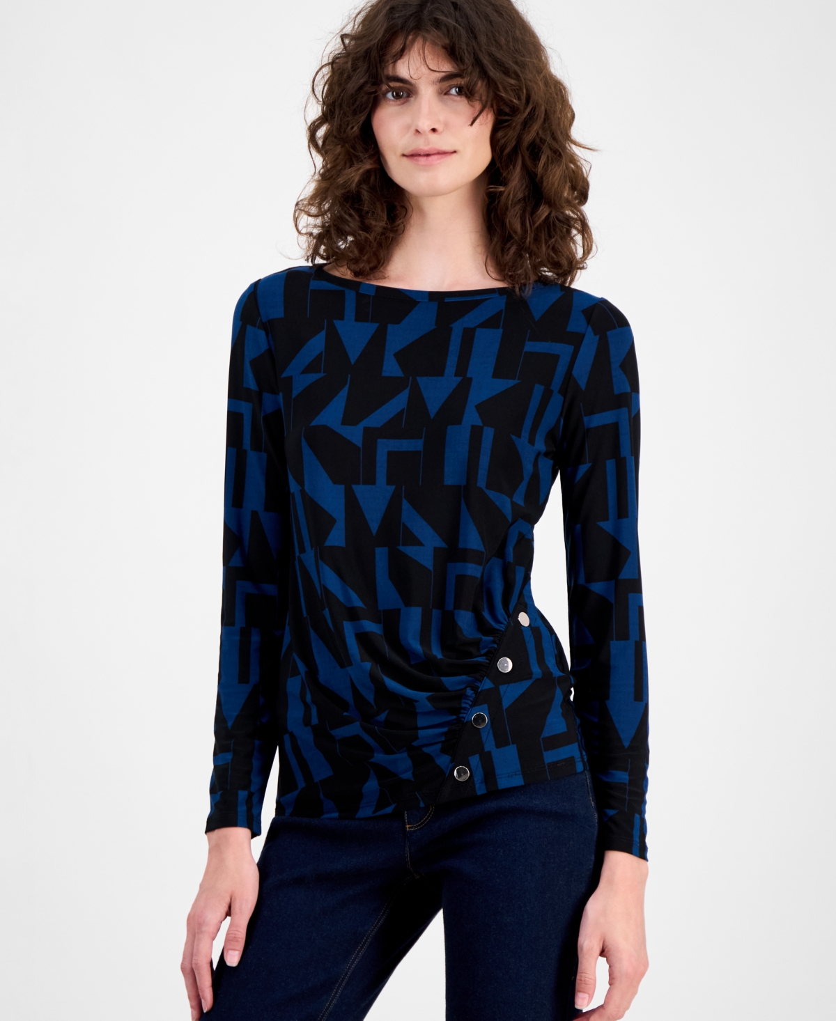 Ak Anne Klein Women's Geo-print Button-trim Top In Multi