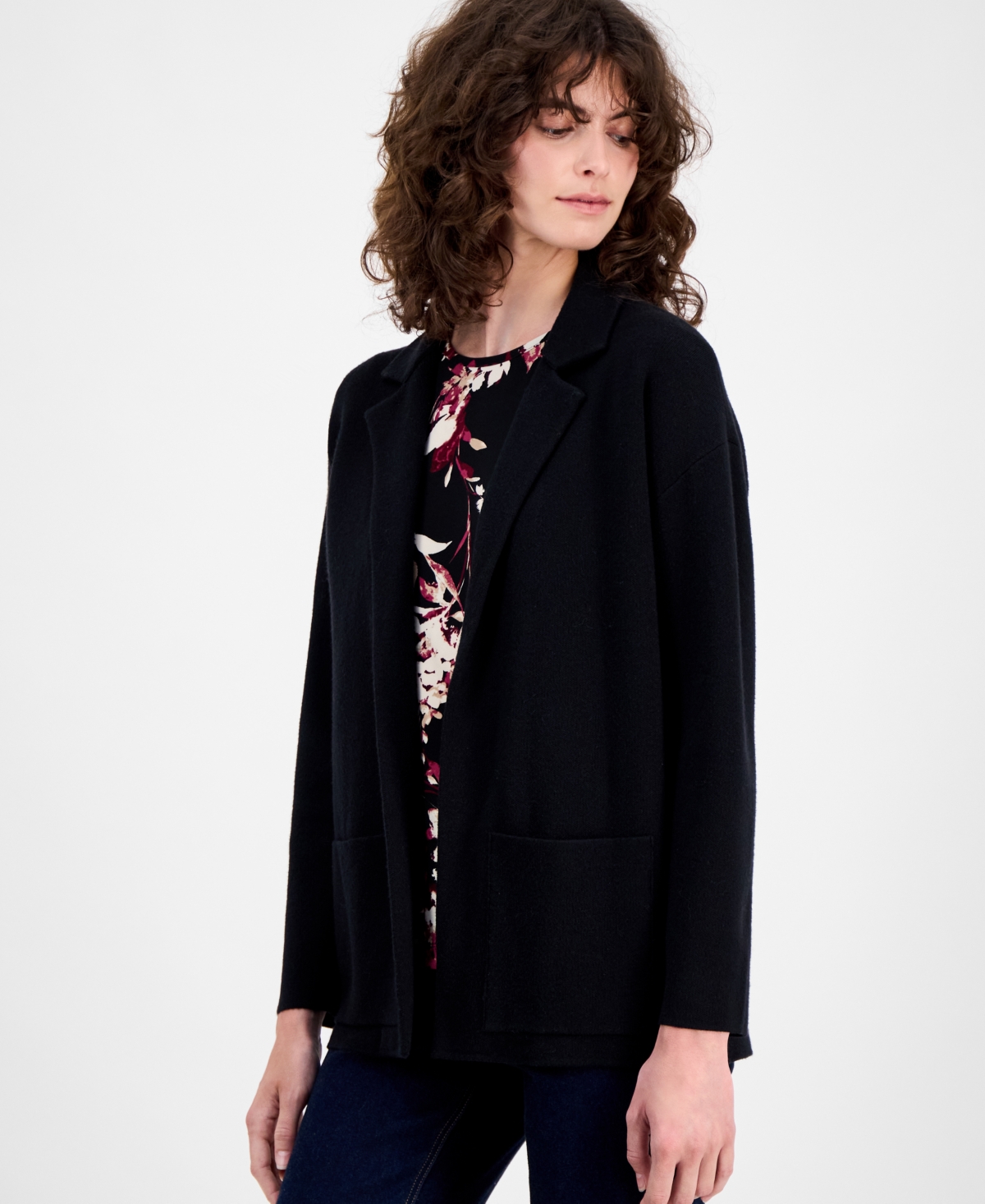 Petite Long-Sleeve Notched-Collar Sweater - Anne Black