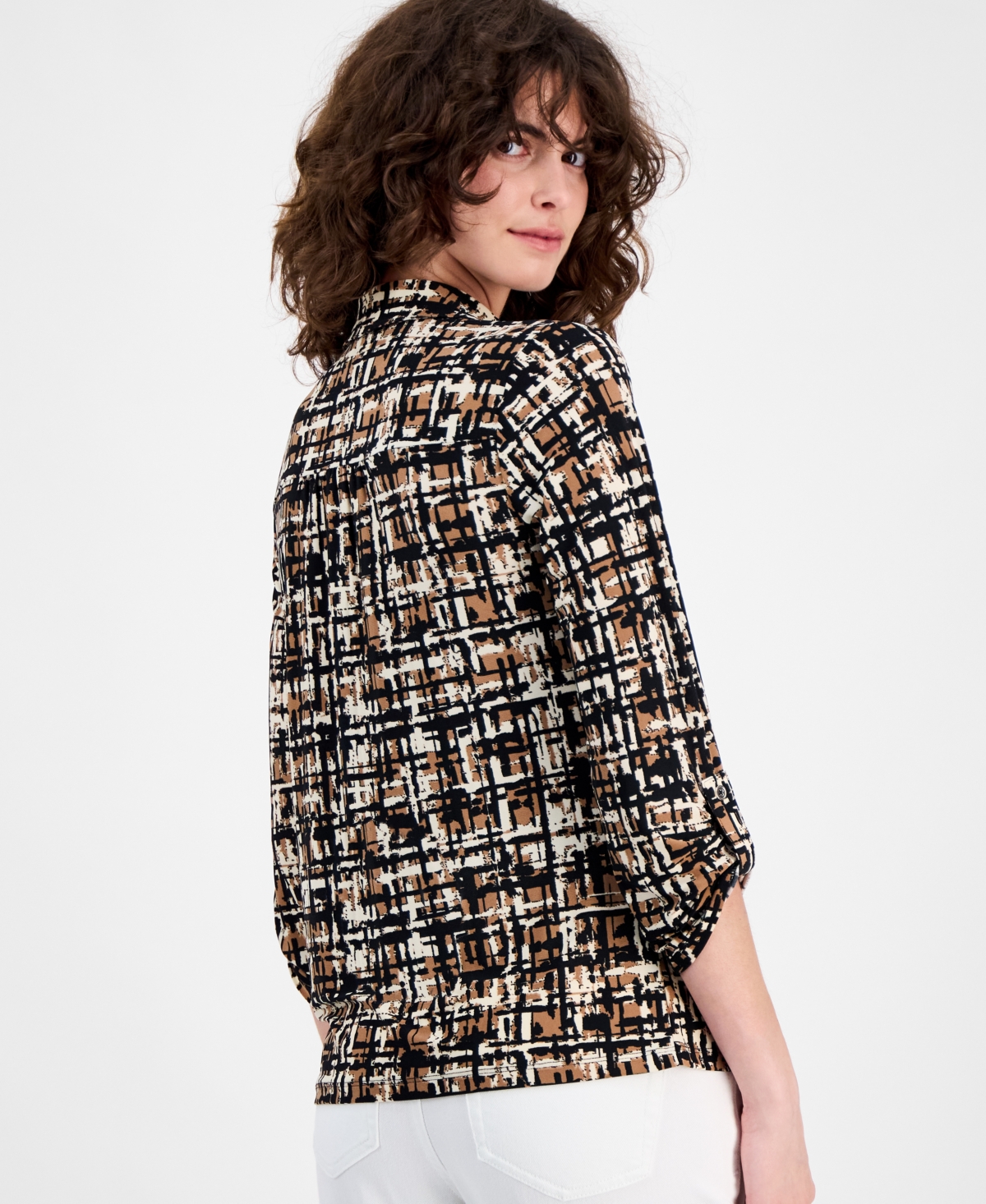 Ak Anne Klein Abstract Print Johnny Collar Half Placket Shirt In Brown
