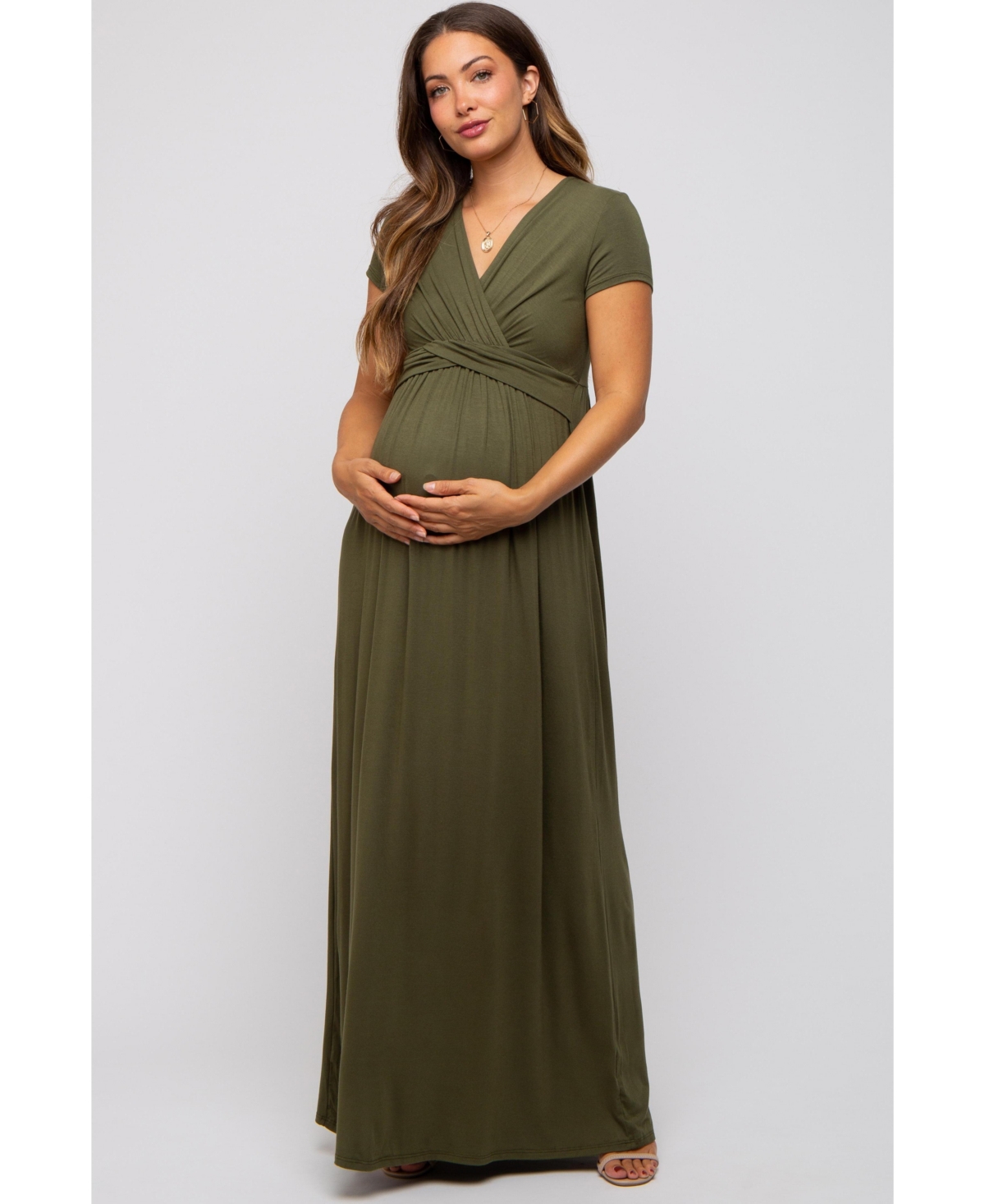 Olive Draped Maternity/Nursing Maxi Dress - Forest green