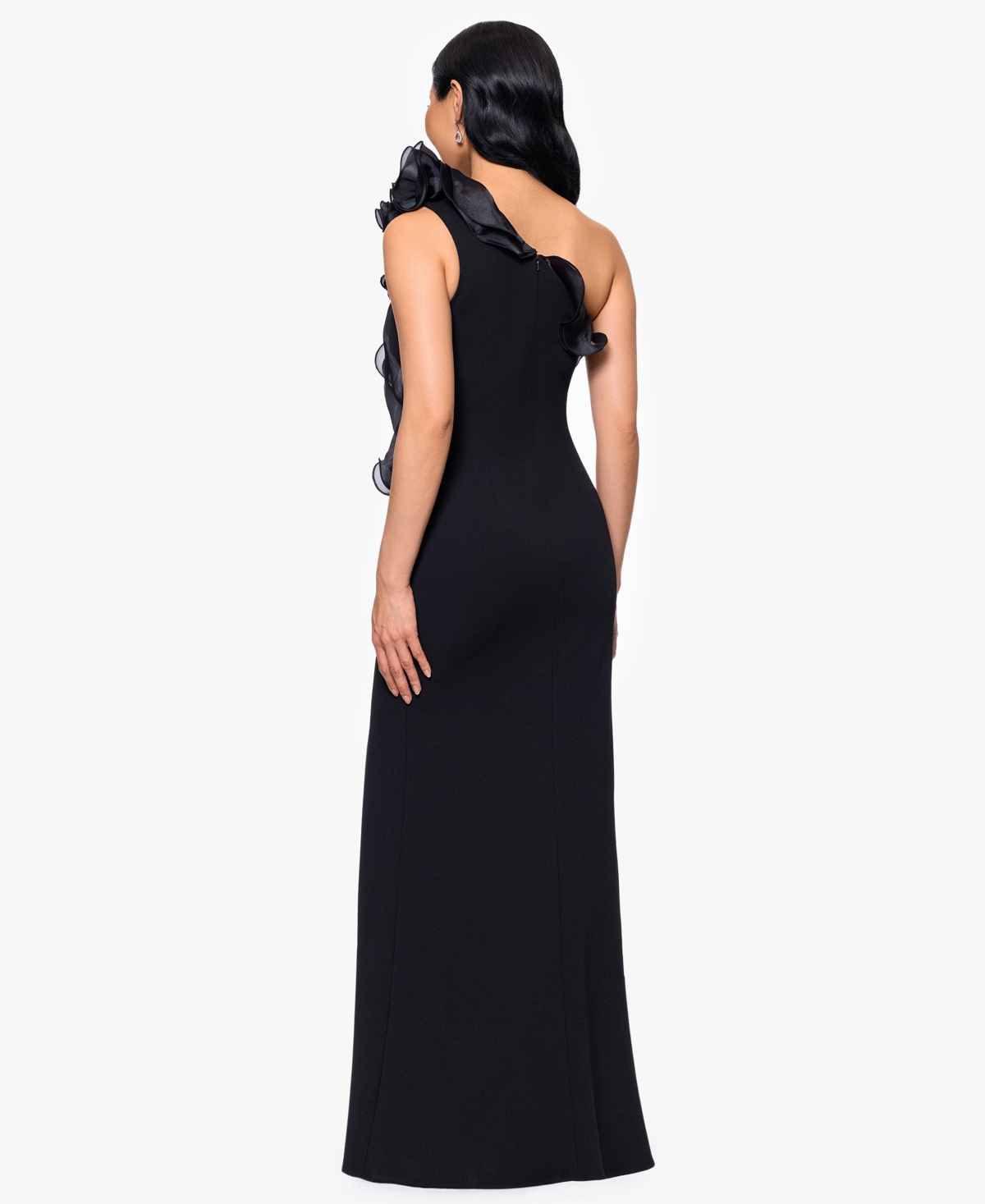 Betsy & Adam Organza Ruffle One-shoulder Scuba Crepe Gown In Black