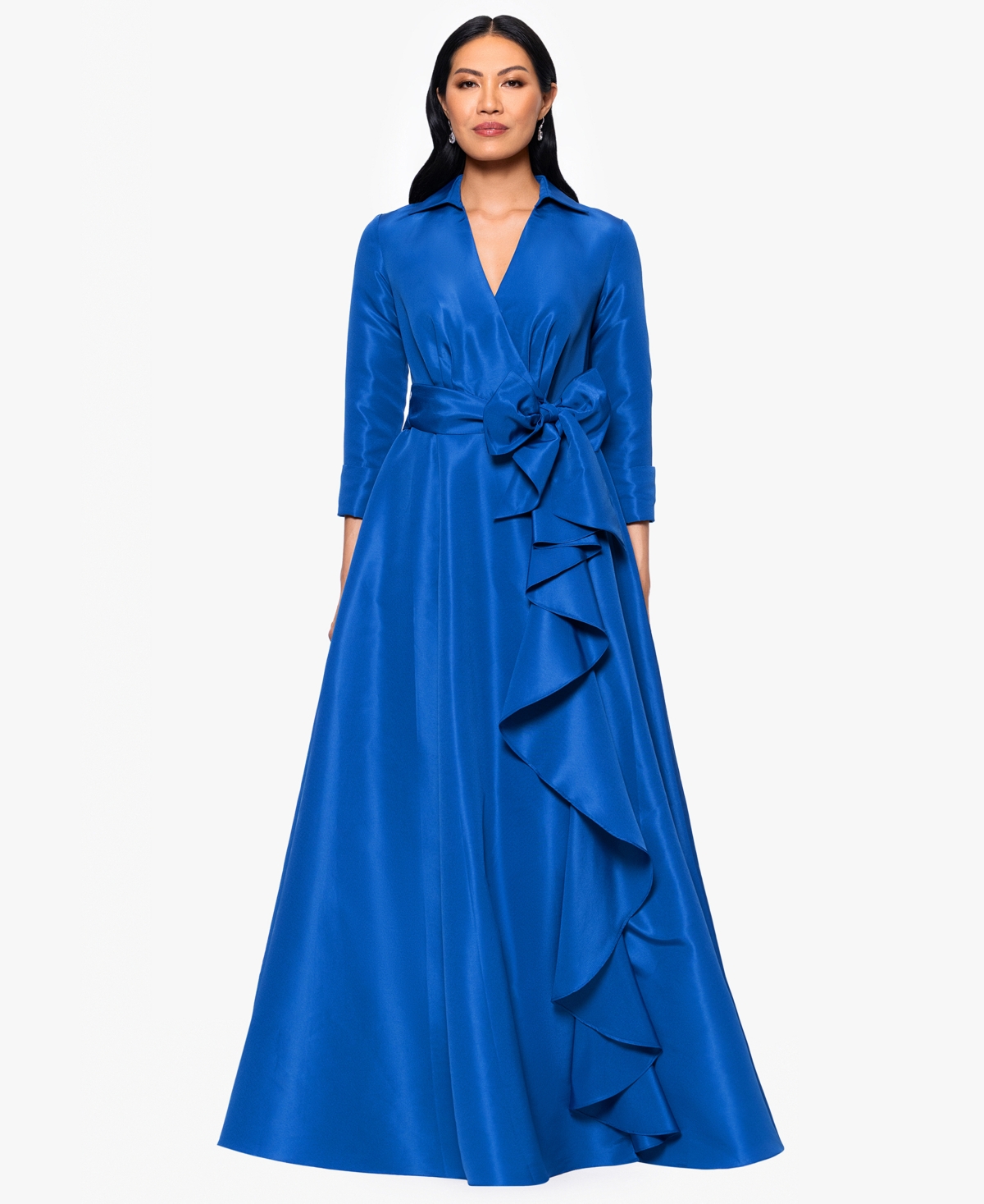Betsy & Adam Plus Size Long-sleeve Tie-waist Long Dress In Blue