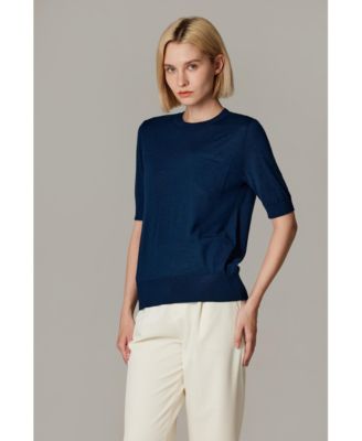 Women's Tissue Weight 75% Merino Wool 25% Silk Crew Neck Short Sleeve T Shirt Sweater | Ultra Soft Machine-Washable Sweaters