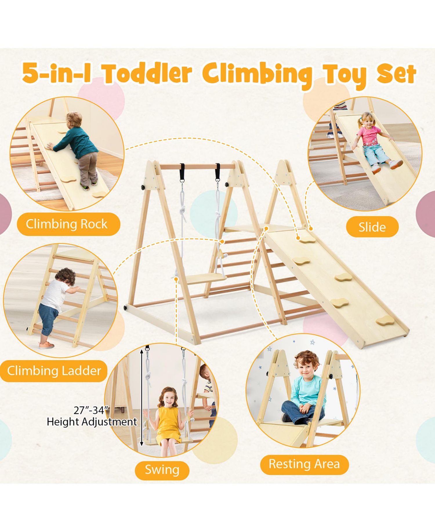 Kids 5-in-1 Indoor Playground w/ Slide Climbing Rock Adjustable Swing Wooden
