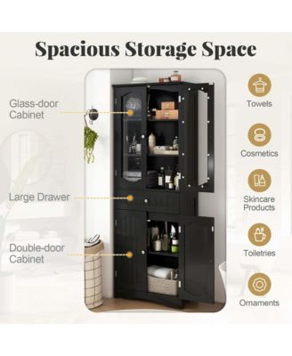 63" MDF Bathroom Cabinet with Tempered Glass Doors, Adjustable Shelves and Large Drawer