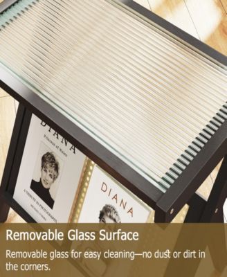 Rattan Side Table Bamboo Accent Bedside Table with Tempered Glass Top Black