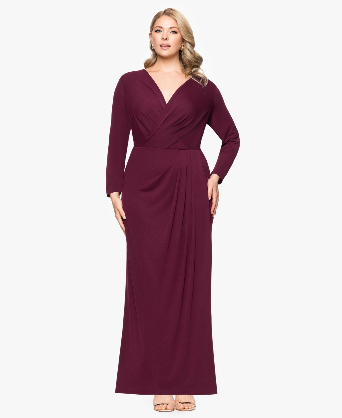 Plus Size Long-Sleeve Matte Jersey Dress - Wine