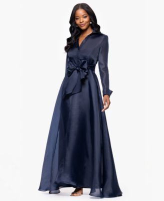 Petite Long-Sleeve Collared Organza Dress