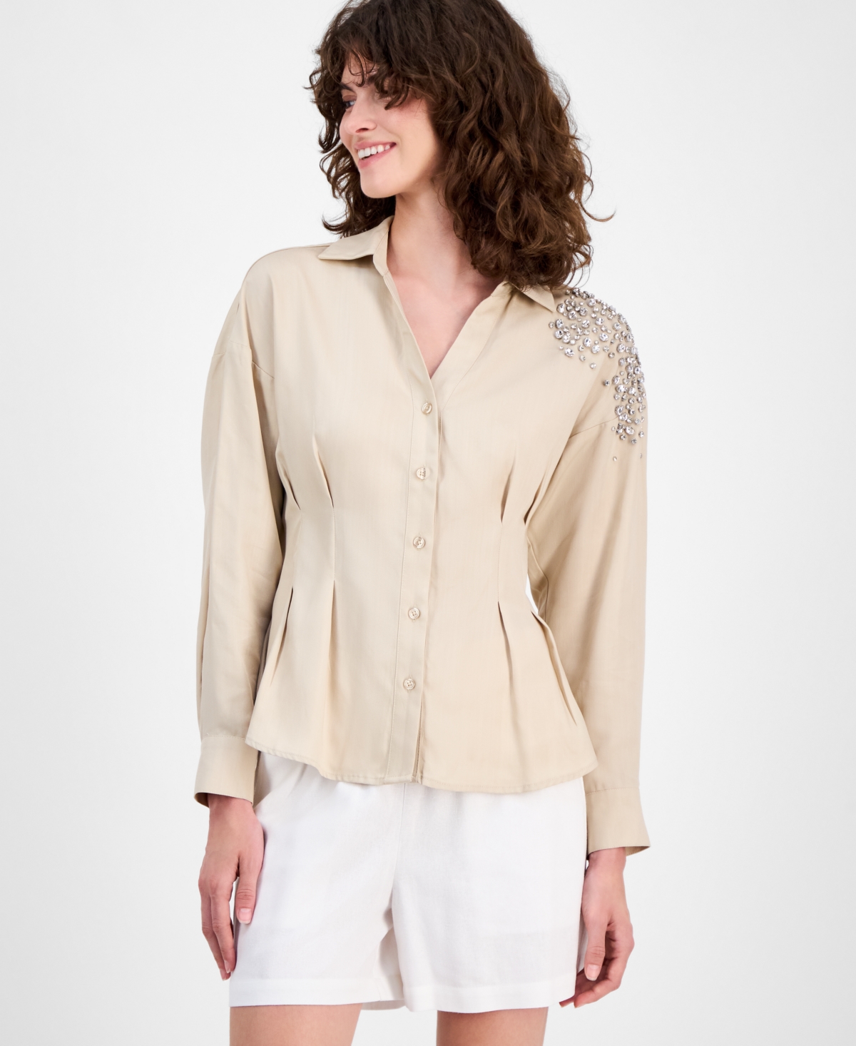 Women's Long-Sleeve Embellished-Shoulder Shirt, Macy's Exclusive - Natural Sand