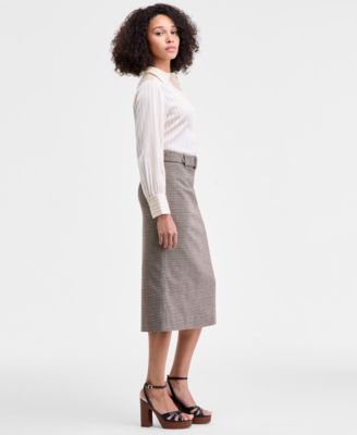 Women's Houndstooth Belted Midi Skirt