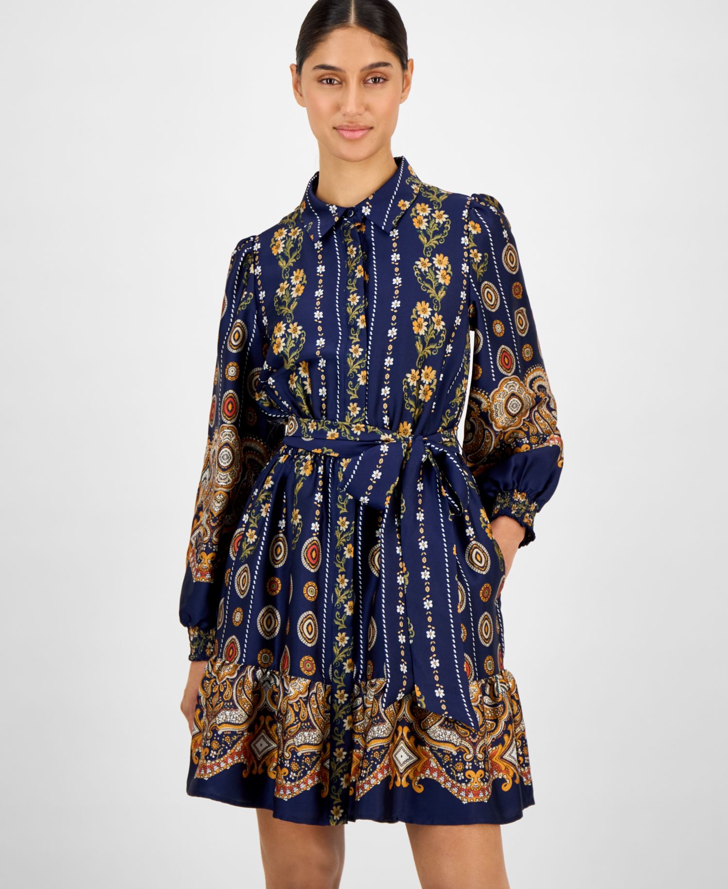 Women's Printed Satin Ruffle-Hem Shirt Dress