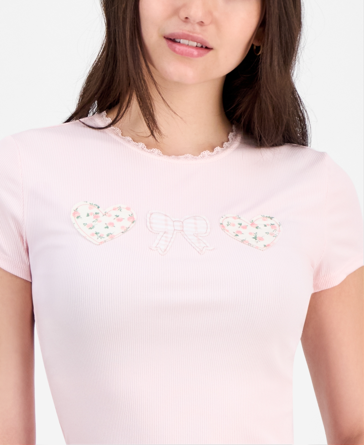 Just Polly Juniors' Applique Picot-trim T-shirt In Pink