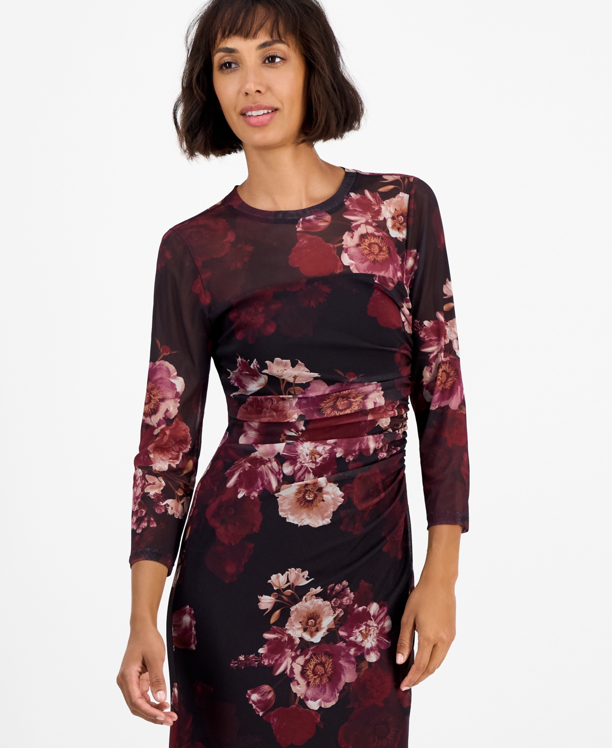 Anne Klein Ruched Mesh Midi Dress In Burgundy