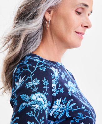 Petite Cotton Floral 3/4-Sleeve Boat-Neck Top, Macy's Exclusive