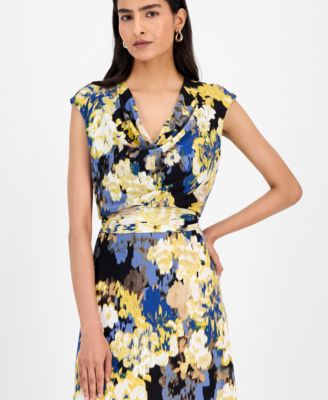 Women's Printed Cowlneck Tie-Waist Midi Dress
