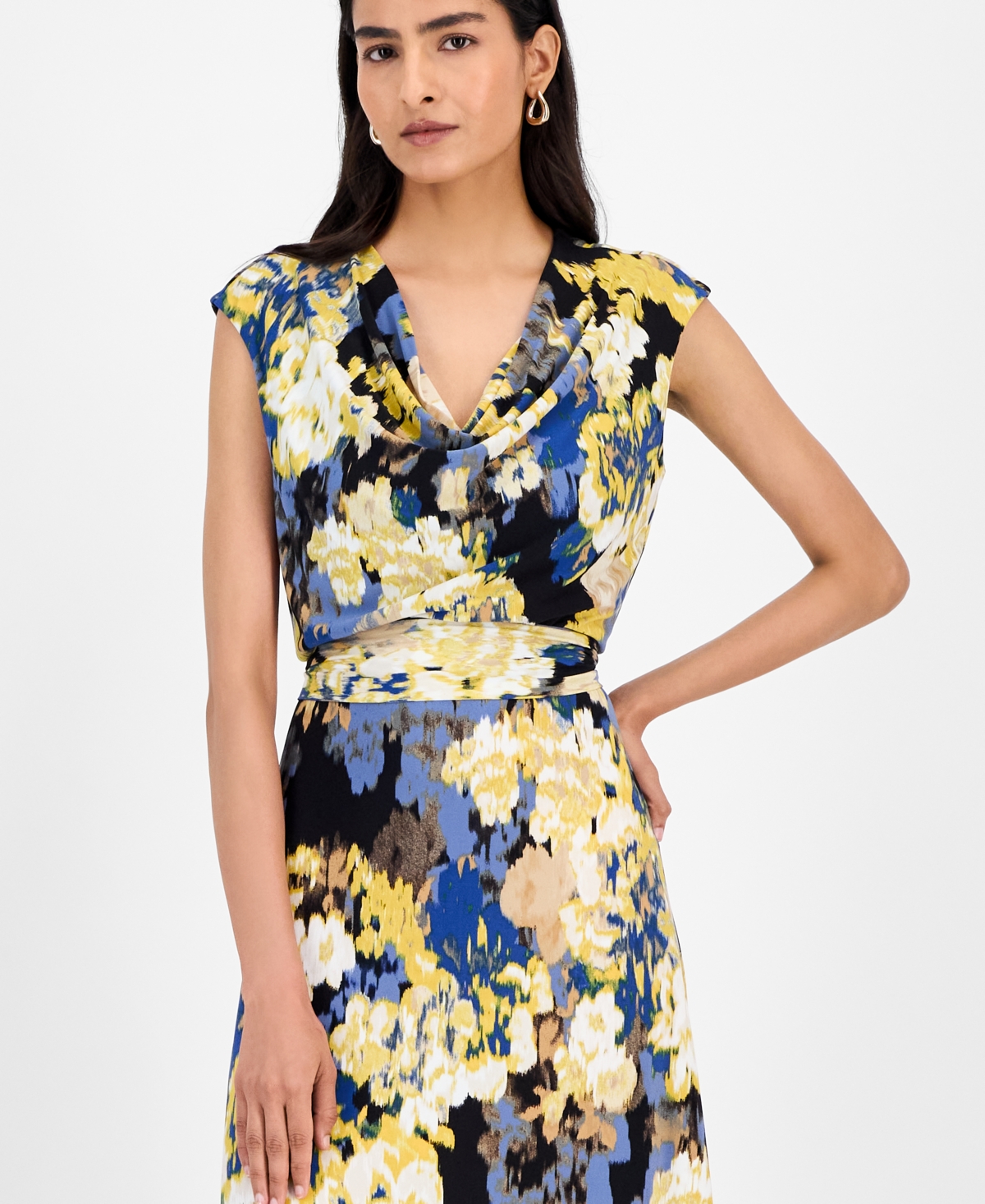 Kasper Women's Printed Cowlneck Tie-waist Midi Dress In Blue