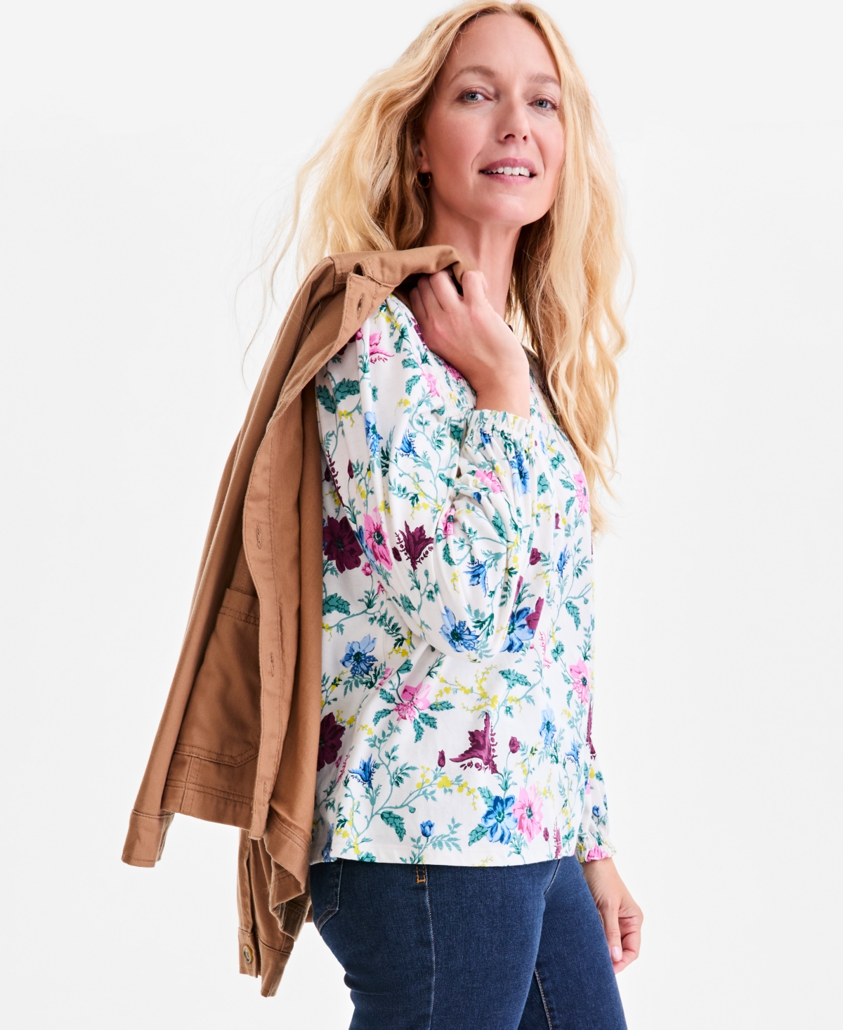 Style & Co Women's Printed Ruffled Smocked-yoke Top, Macy's Exclusive In Multi