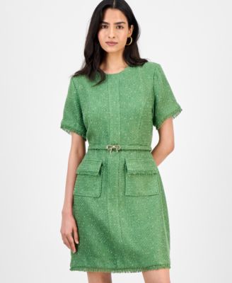 Petite Short-Sleeve Belted Tweed Shift Dress