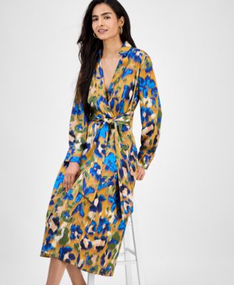 Women's Printed V-Neck Tie-Waist Midi Dress