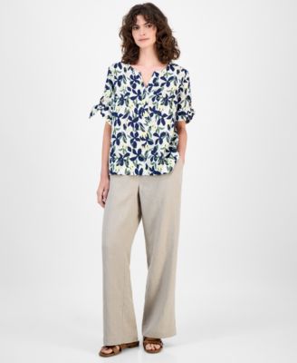 Women's 100% Linen Floral-Print Tie-Sleeve Top, Macy's Exclusive 