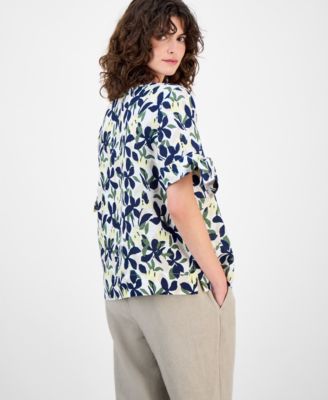 Women's 100% Linen Floral-Print Tie-Sleeve Top, Macy's Exclusive 