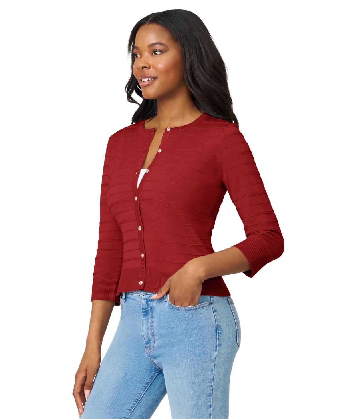 Melissa Paige Women's Ottoman-rib 3/4-sleeve Crewneck Cardigan In Red