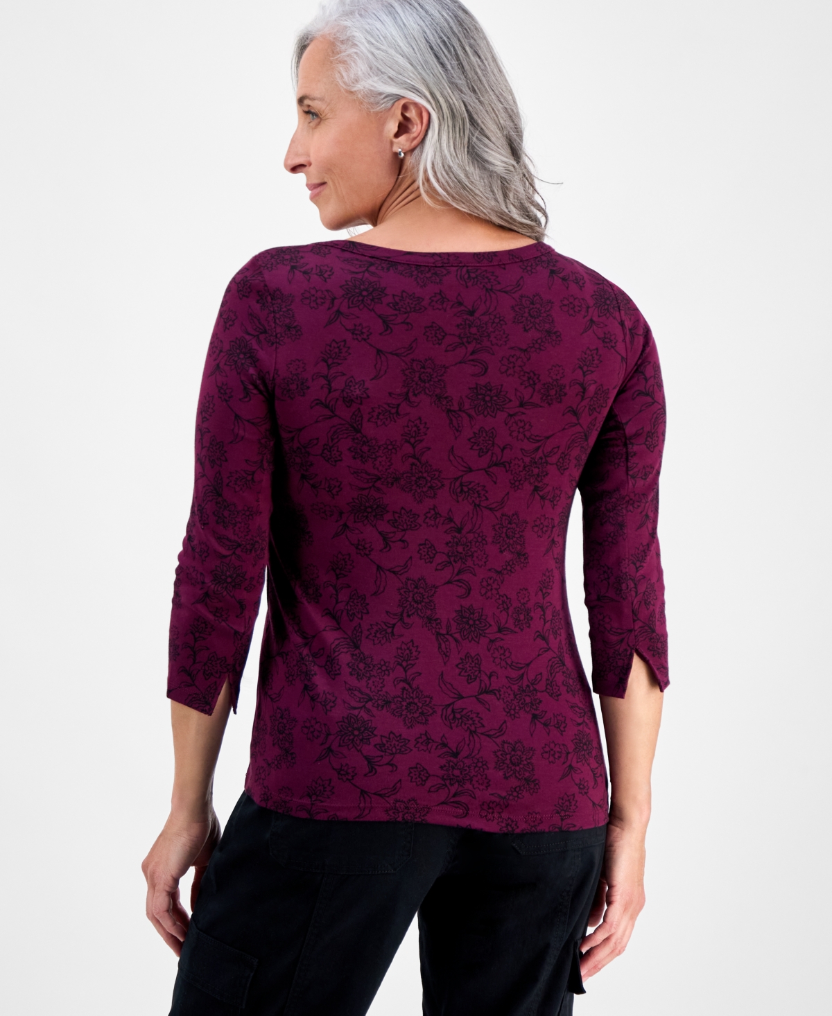 Style & Co Petite Cotton Floral 3/4-sleeve Boat-neck Top, Macy's Exclusive